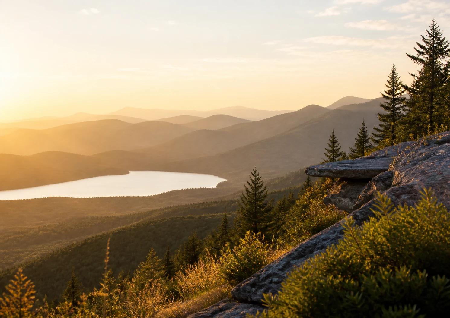 Golden morning light over a peaceful mountain lake